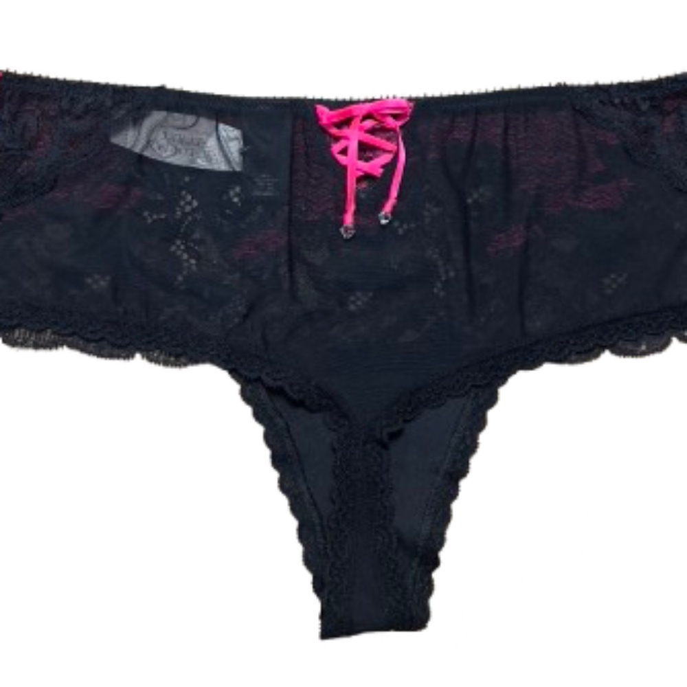 NEW Victoria's Secret Panty Tanga Panties Black Lace Hot Pink Thong Crystal Bow - Picture 4 of 4
